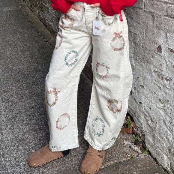 Free People Denim - FREE PEOPLE Good Luck Printed Barrel Jeans in Watercolor Wreath NWT Size 30